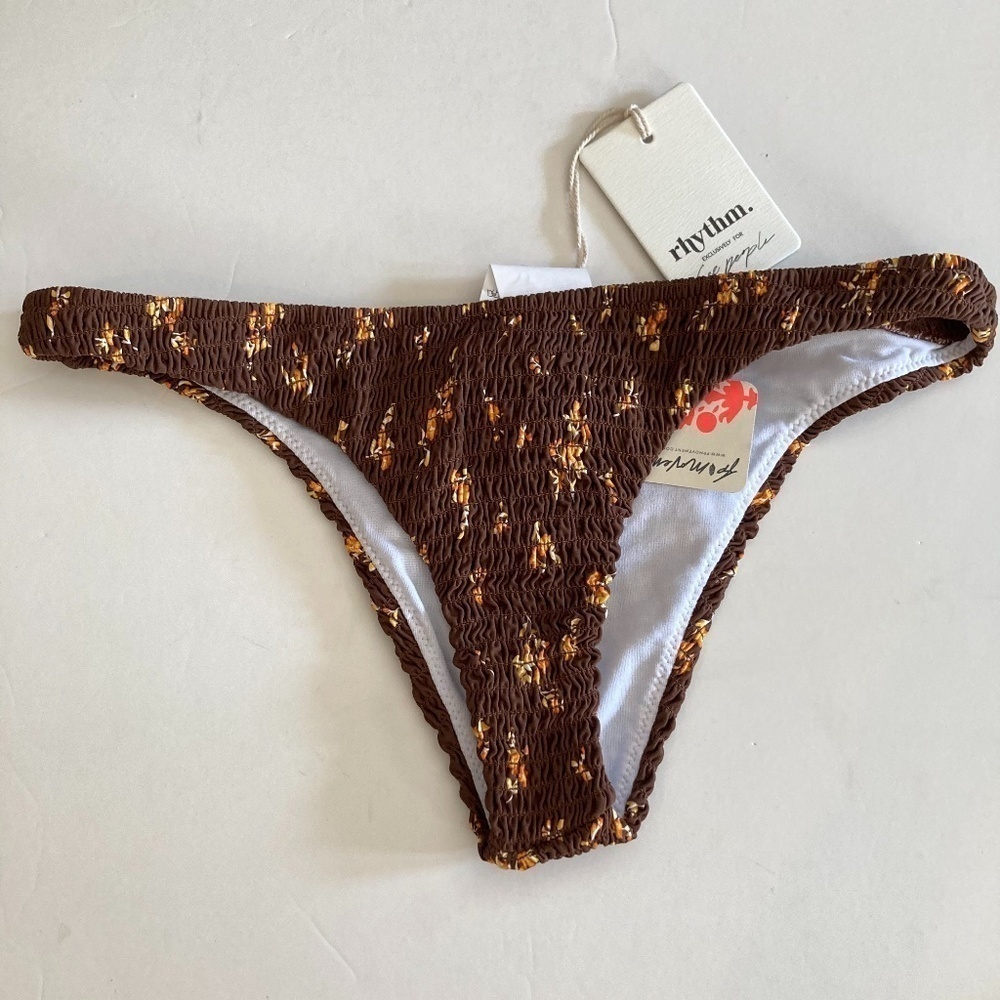 NWT Rhythm Free People Georgia Smocked Hi Cut Brown Floral Bikini Bottoms Sz XL